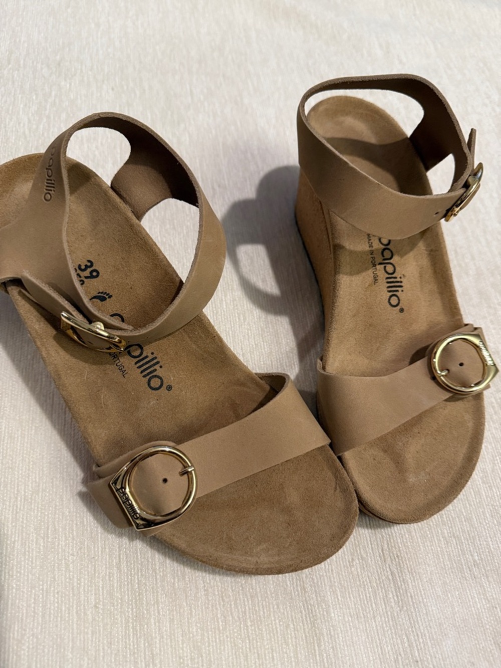 Papillio by Birkenstock Women's Nude Leather Slingback Sandals Gold Buckles 39
